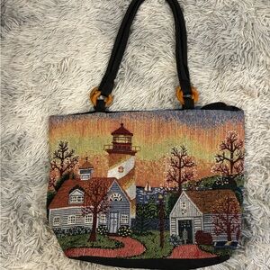 Scenic Tapestry Tote Bag with Black Handles